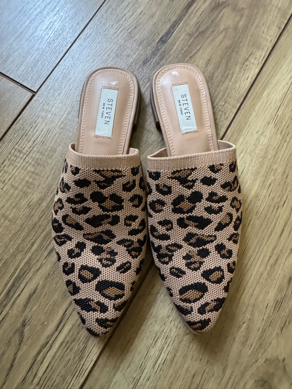 Steve Madden Leopard Knit Pointed-Toe Slip-On Mules in Tan and Black